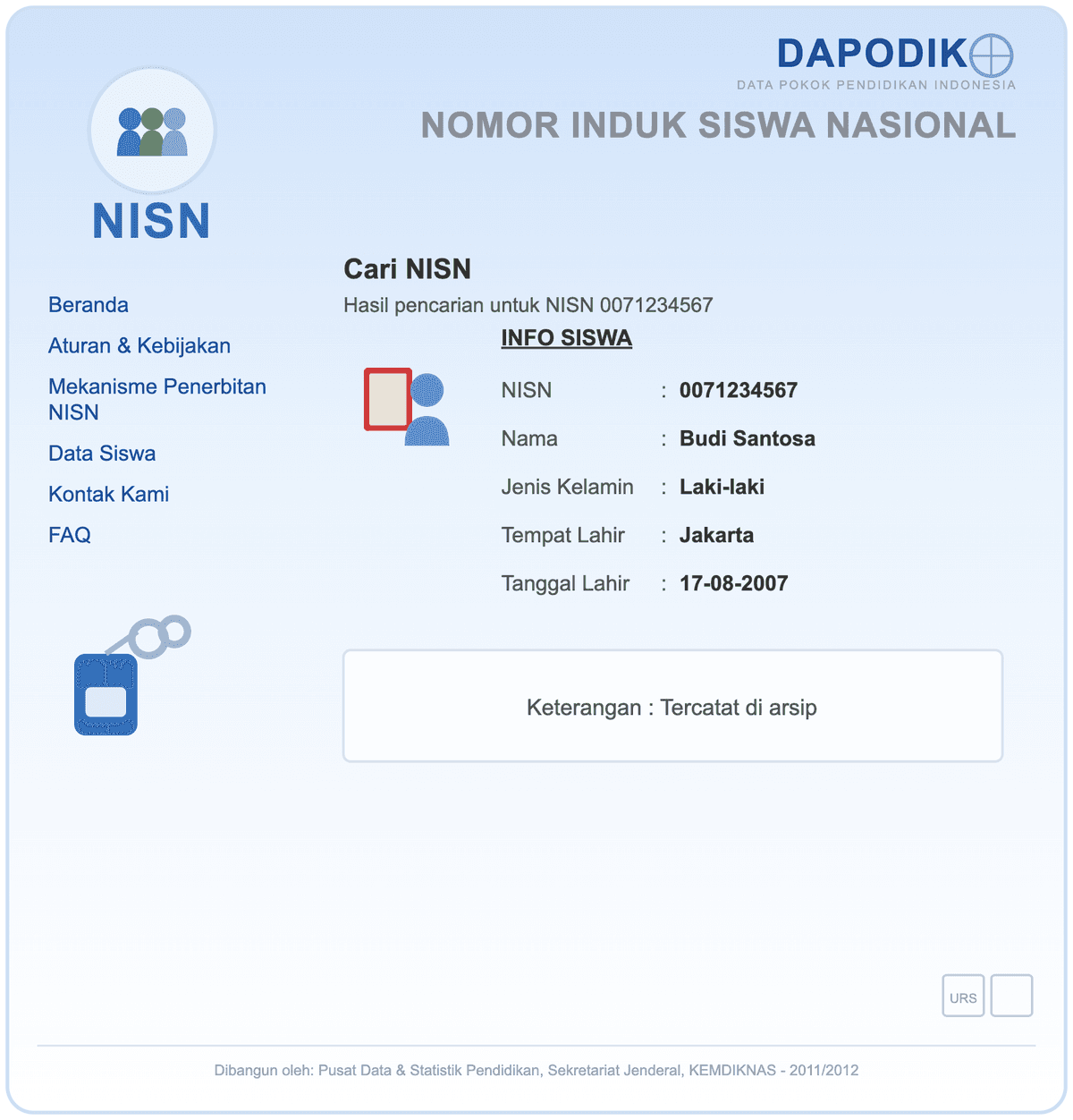 Hasil pencarian NISN berdasarkan nomor