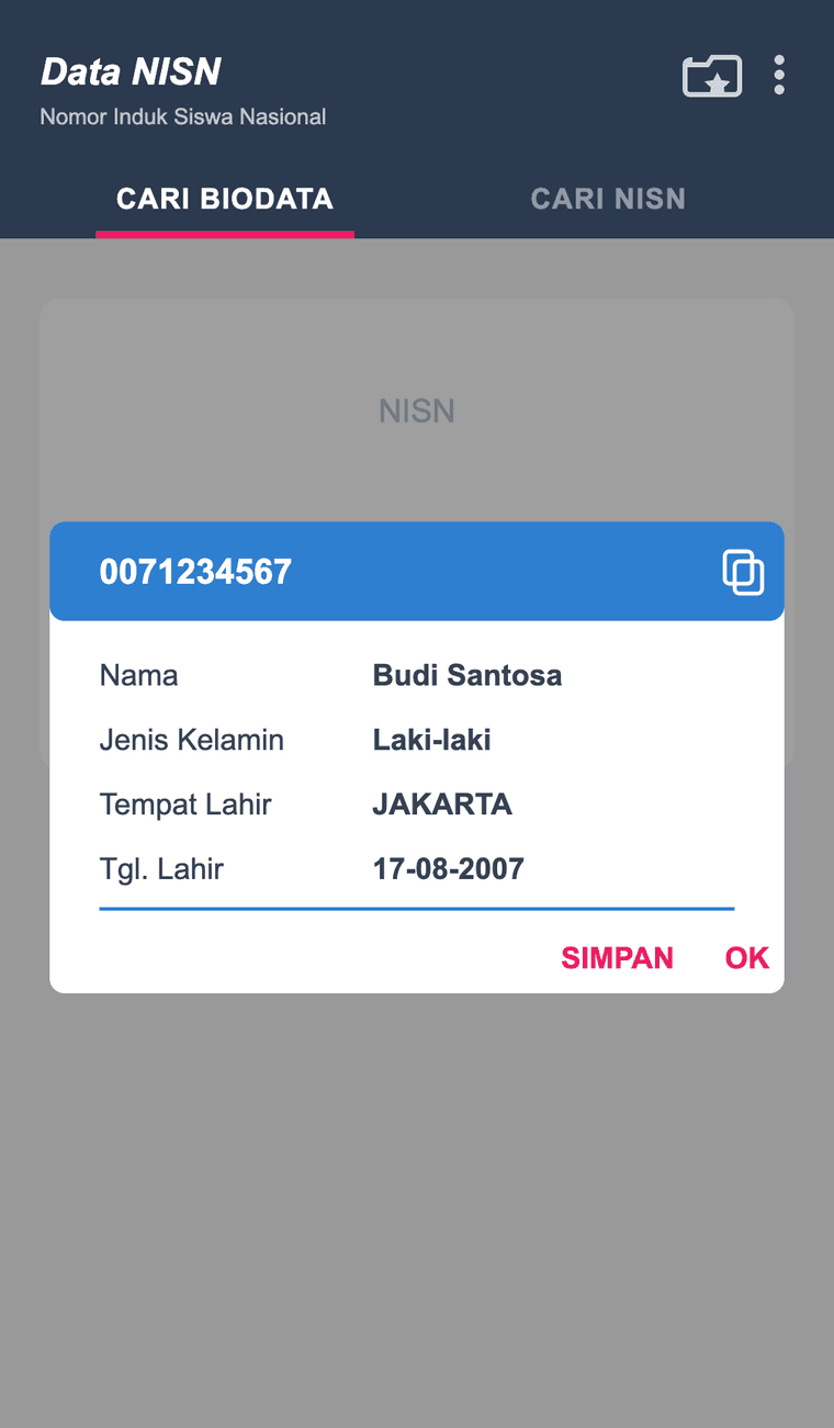 Hasil pencarian biodata NISN di aplikasi