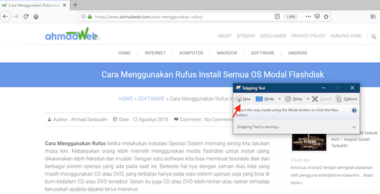 Klik tombol New di Snipping Tool lalu seret kursor memilih area layar
