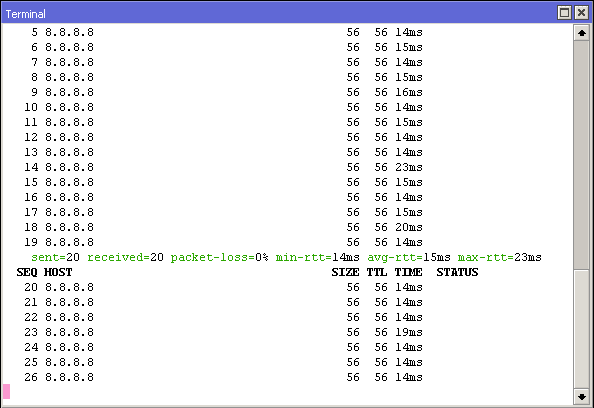 Uji koneksi internet dengan ping ke DNS Google 8.8.8.8 lewat terminal Mikrotik