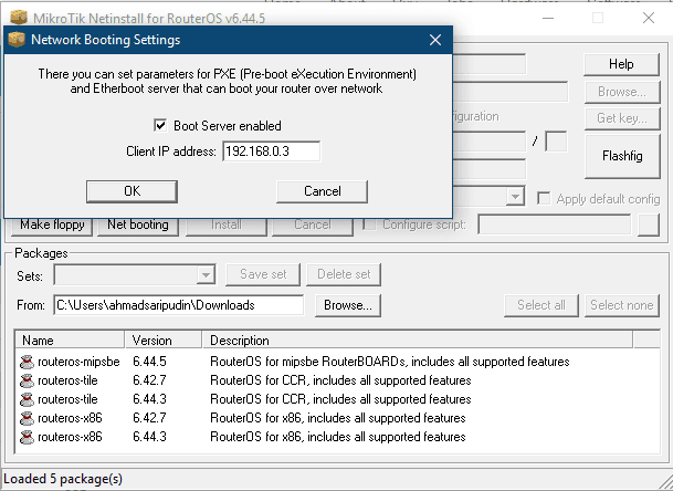 Mengaktifkan Net booting dan Boot Server pada program Netinstall Mikrotik