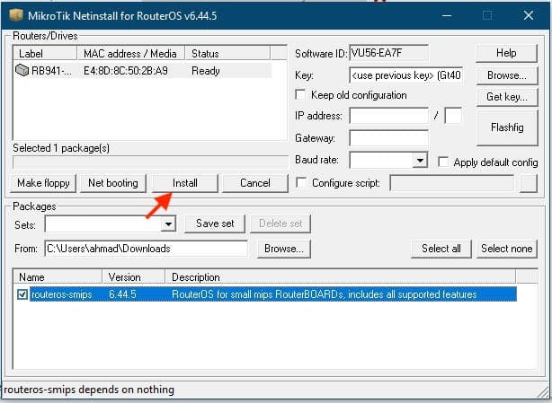 Memilih paket dan menekan Install untuk memasang ulang RouterOS via Netinstall