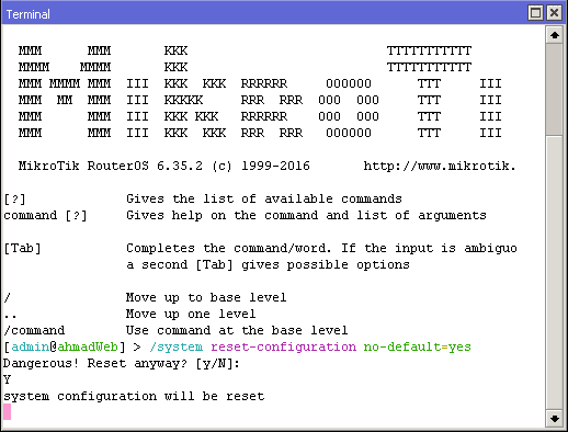 Perintah reset-configuration no-default=yes untuk reset Mikrotik tanpa konfigurasi bawaan