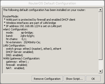 Pop-up RouterOS menawarkan opsi Remove Configuration saat reset Mikrotik
