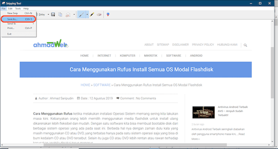 Menyimpan hasil screenshot lewat menu File Save As di Snipping Tool