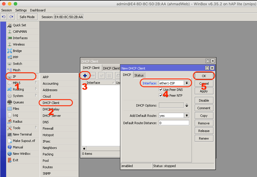 Menambahkan DHCP Client pada interface ether1-ISP di menu IP Mikrotik