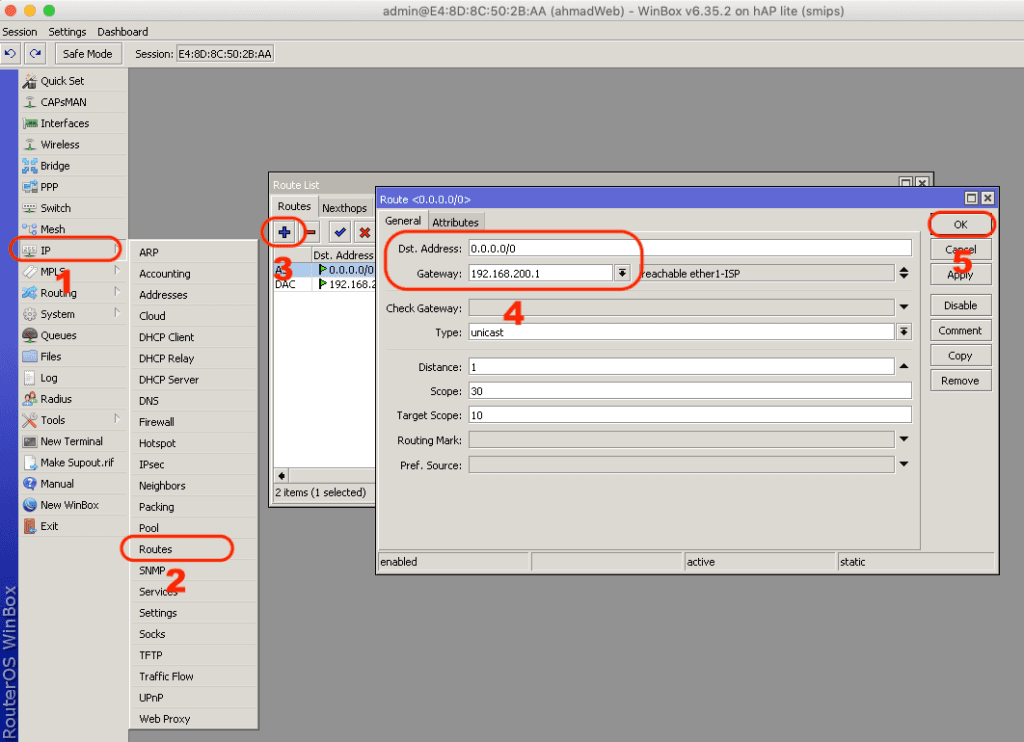Menambahkan gateway dari ISP di menu IP Routes pada Mikrotik