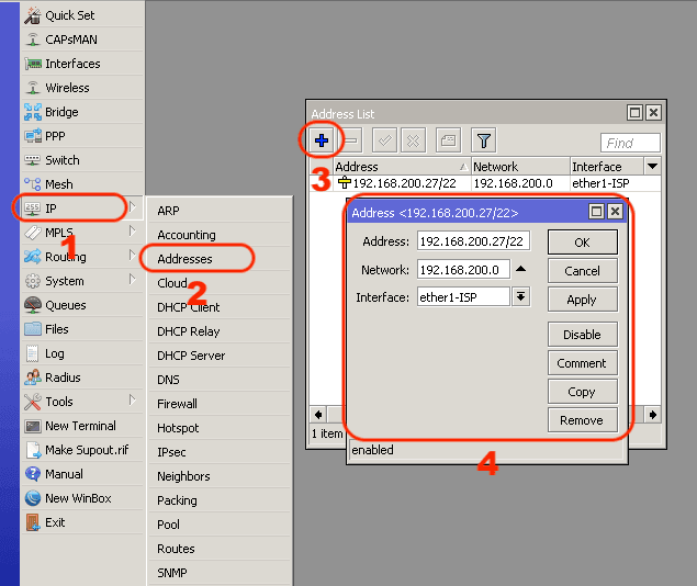 Mengisi IP Address manual dari ISP pada interface ether1-ISP Mikrotik
