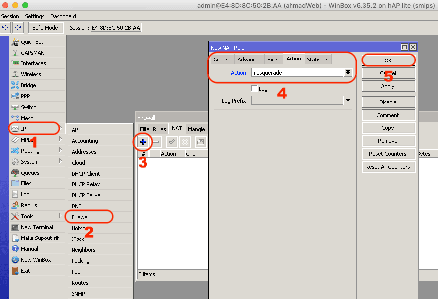 Membuat rule NAT masquerade di tab NAT pada menu IP Firewall Mikrotik