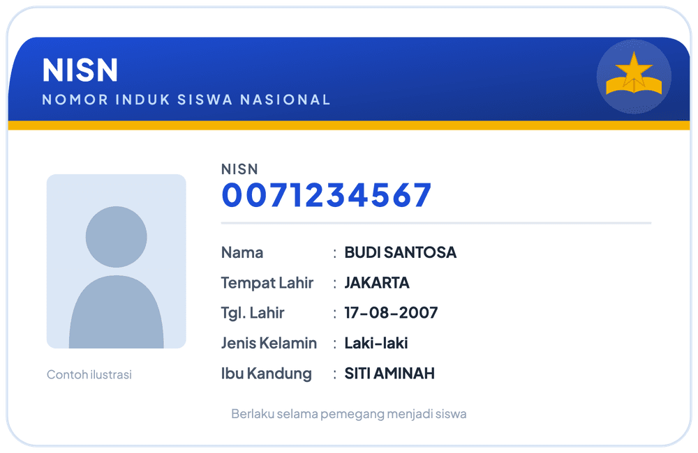 Ilustrasi kartu NISN tampak depan berisi nomor NISN, nama, dan biodata siswa