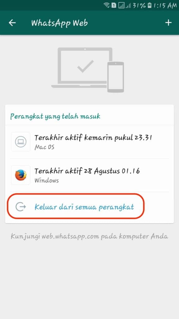 Cara logout WhatsApp Web lewat menu Perangkat Tertaut di HP