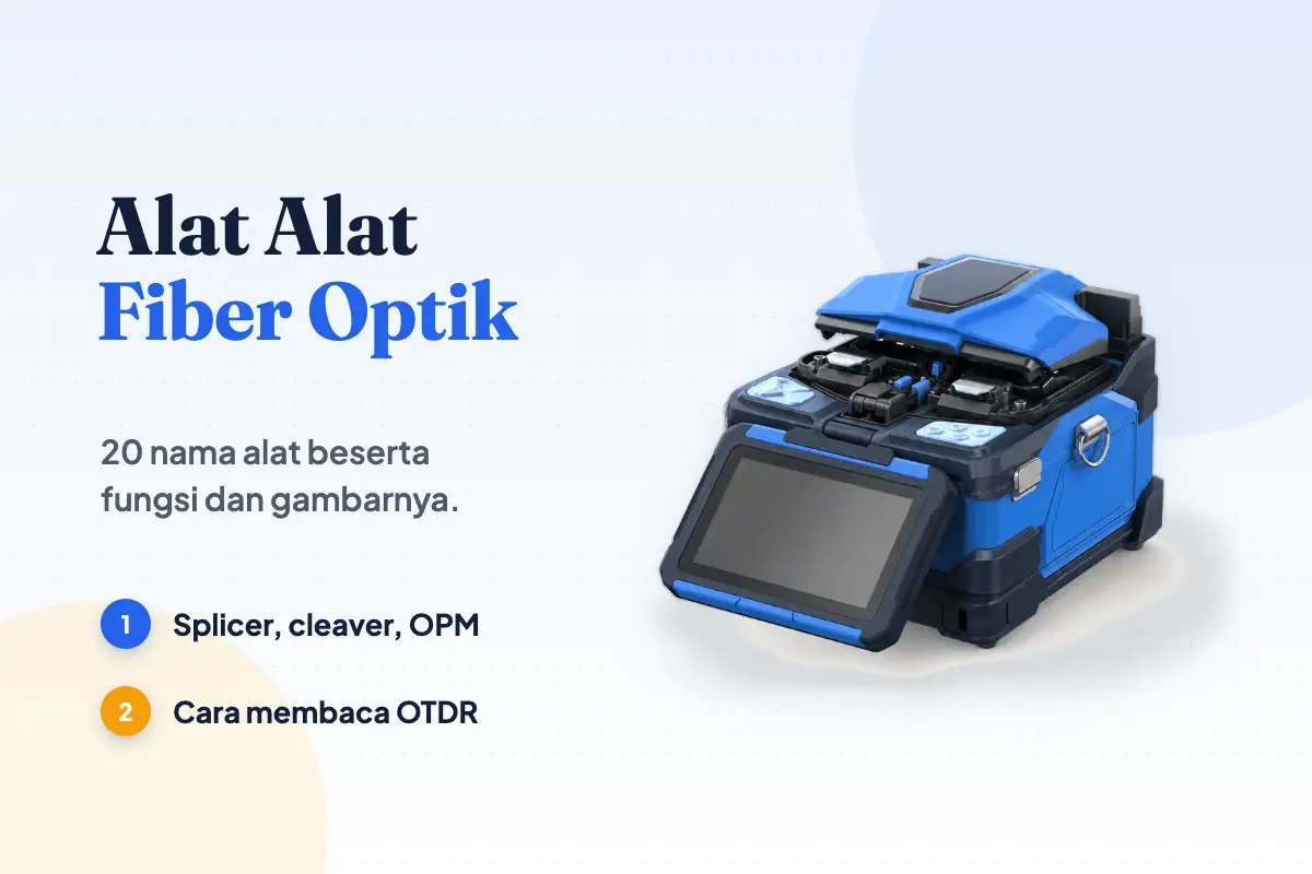 Mesin fusion splicer biru dengan penutup terangkat dan layar terlipat keluar, tampak dari sudut tiga perempat
