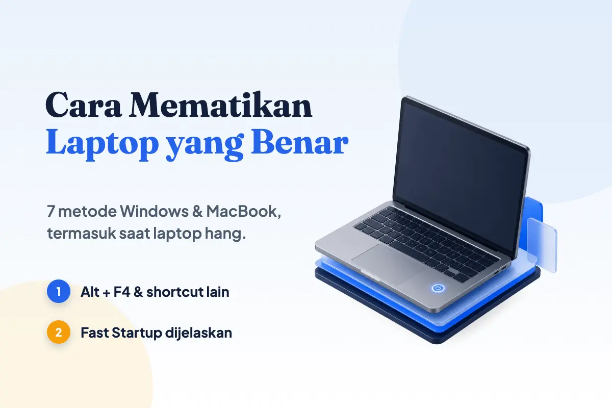 Ilustrasi laptop terbuka dengan tombol daya menyala, sampul panduan mematikan laptop dengan benar