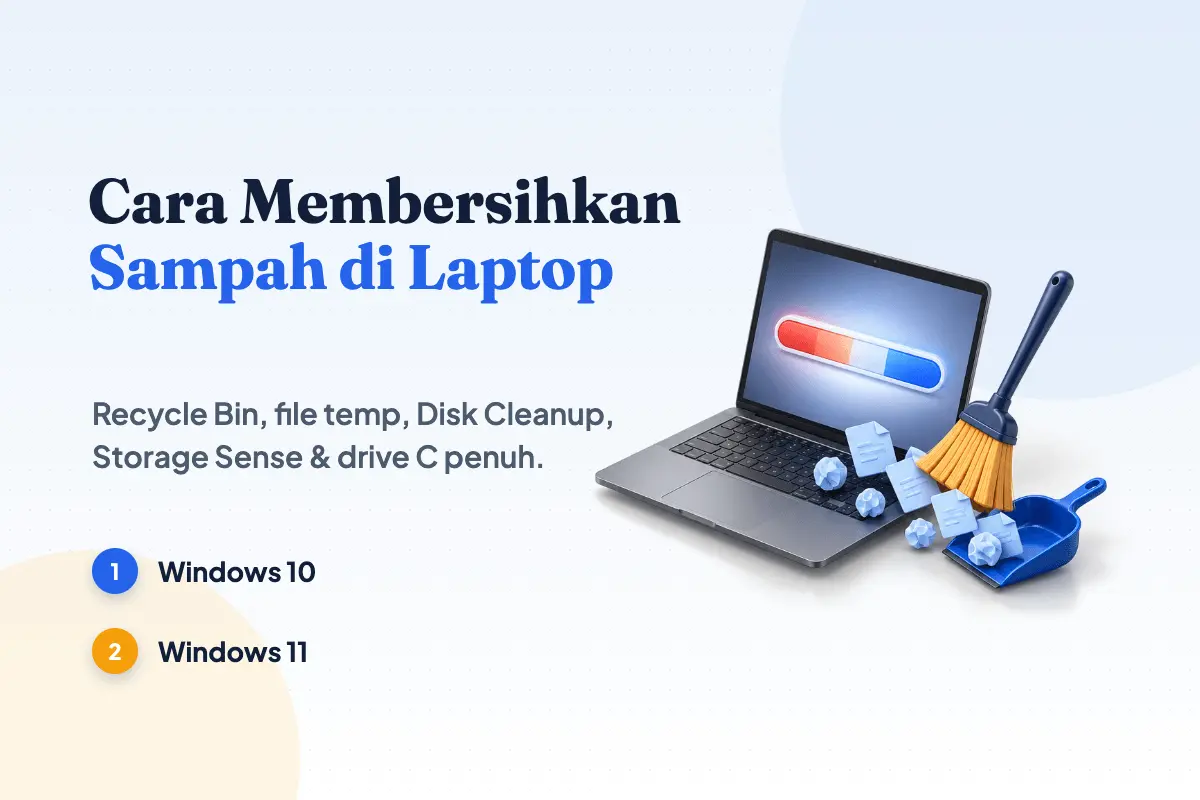 Laptop abu-abu dengan bilah penyimpanan di layar, sapu, dan pengki berisi berkas: cara membersihkan sampah di laptop