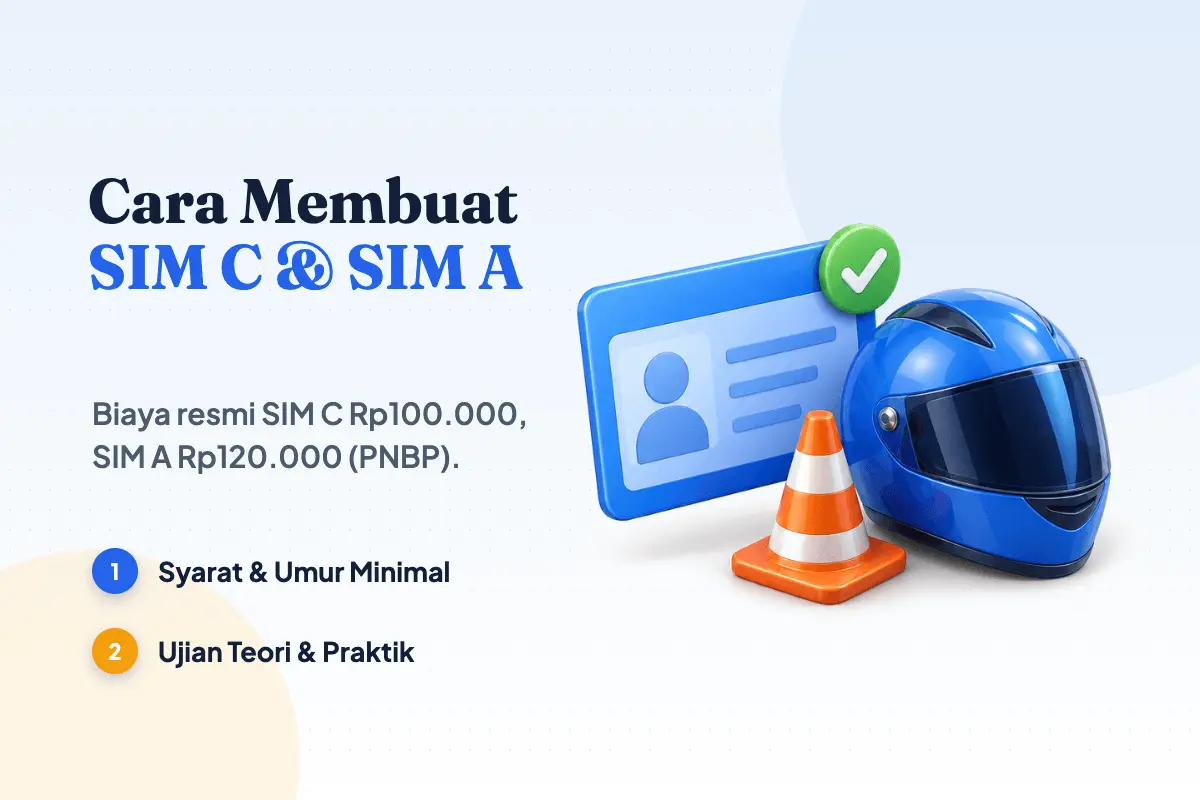 Cara membuat SIM C dan SIM A baru: kartu SIM biru, helm motor, kerucut lintasan ujian praktik, dan centang lulus