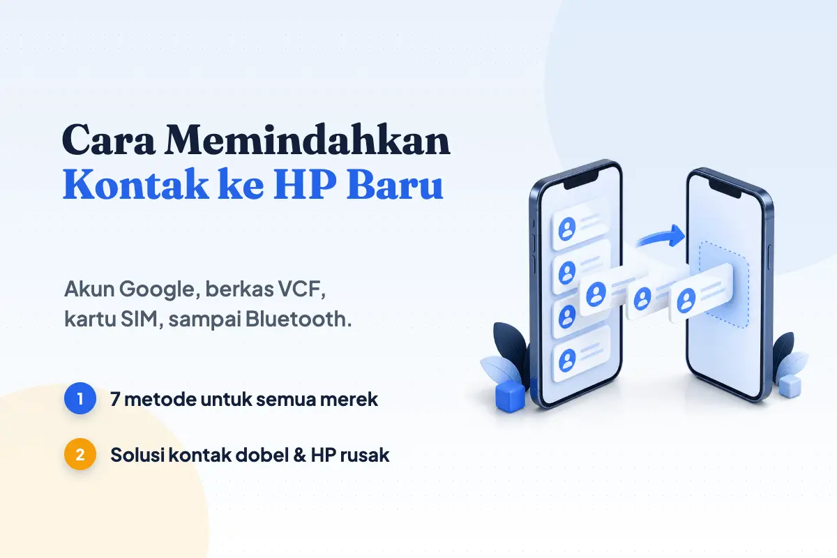Dua ponsel berdampingan dengan kartu kontak berpindah dari HP lama ke HP baru