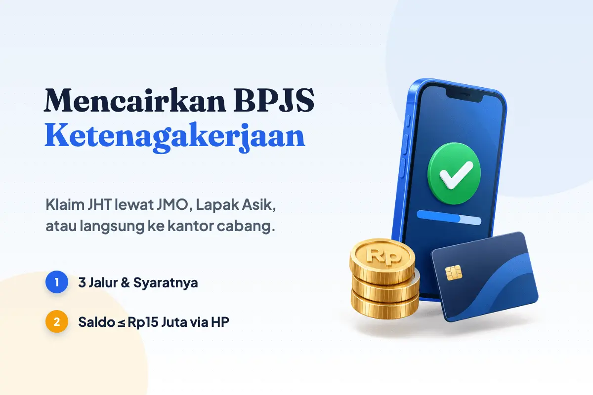 Ponsel biru bercentang hijau, koin emas Rp, dan kartu bank navy: ilustrasi cara mencairkan BPJS Ketenagakerjaan