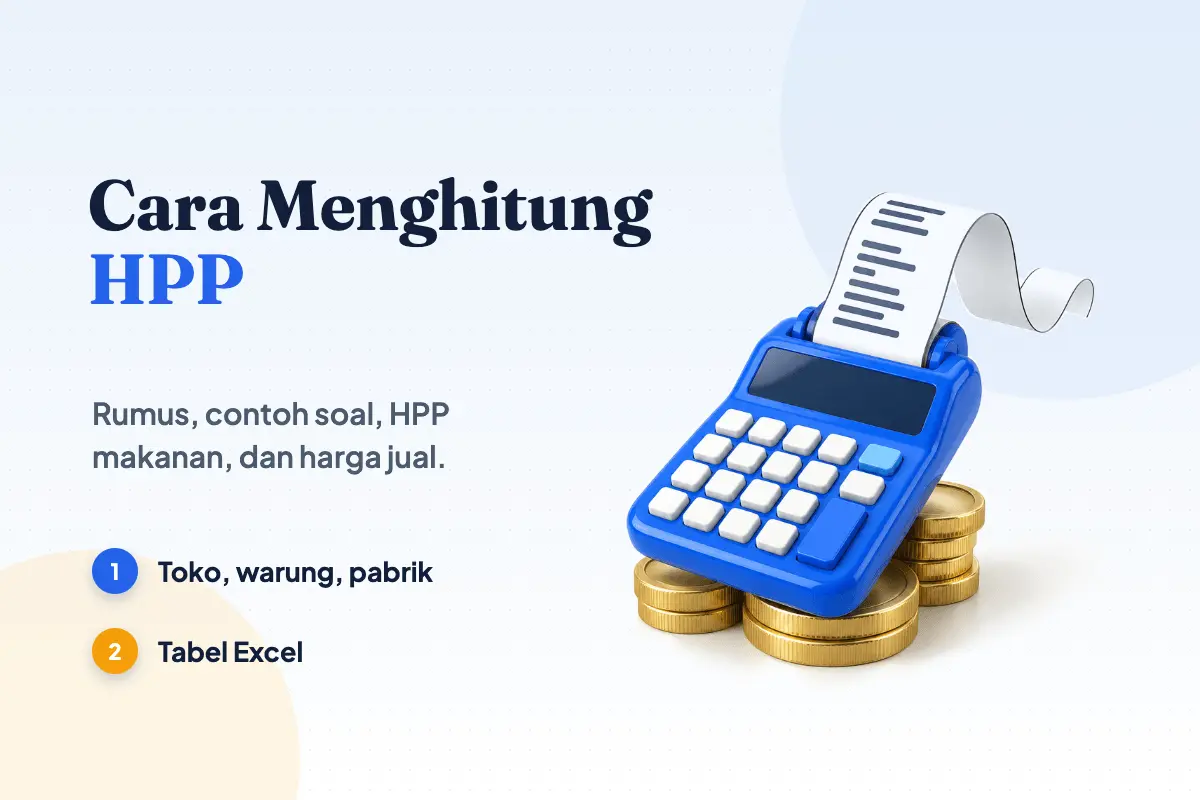 Kalkulator biru dengan gulungan struk putih di atas tumpukan koin emas, ilustrasi cara menghitung HPP (harga pokok penjualan)