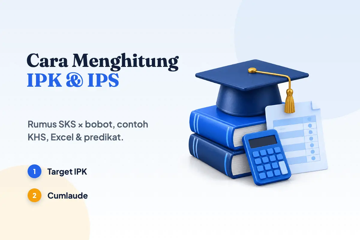 Toga wisuda biru di atas tumpukan buku dengan lembar transkrip nilai dan kalkulator, ilustrasi cara menghitung IPK
