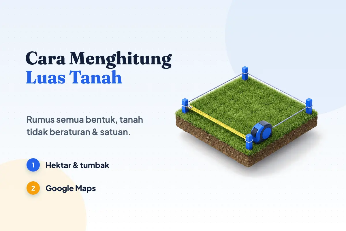 Petak tanah berumput 3D dengan patok biru di tiap sudut dan meteran gulung terbentang, ilustrasi cara menghitung luas tanah