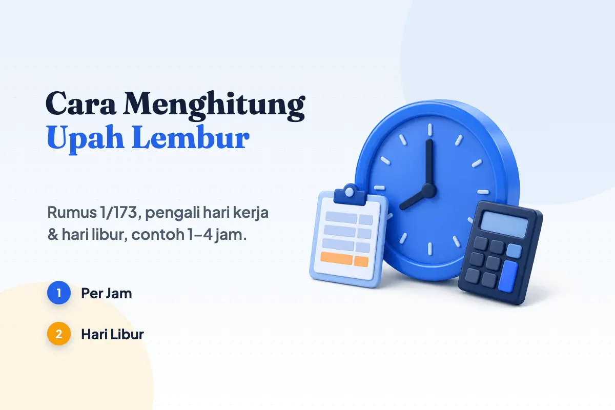 Jam dinding biru, kalkulator, dan lembar absensi bertanda jam tambahan, ilustrasi cara menghitung upah lembur per jam