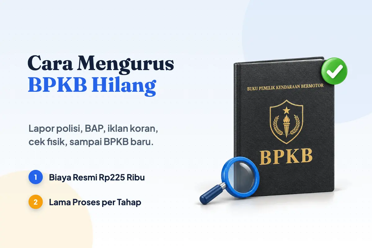 Cara mengurus BPKB hilang: buku BPKB hitam bertulisan emas Buku Pemilik Kendaraan Bermotor, kaca pembesar, dan centang hijau