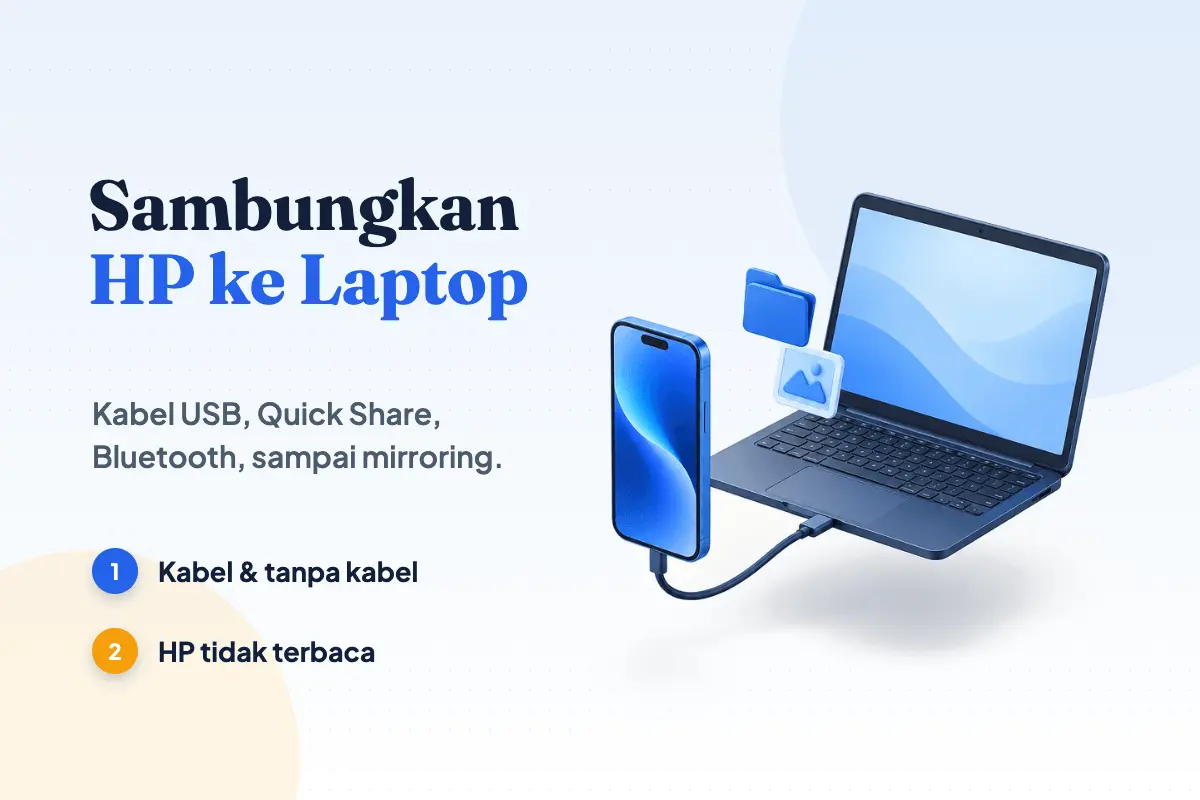 Gambar HP dan laptop biru tersambung kabel USB dengan ikon folder dan foto, ilustrasi cara menyambungkan HP ke laptop