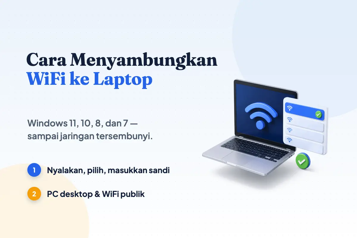 Ilustrasi laptop terbuka dengan panel daftar jaringan WiFi dan tanda centang hijau tersambung