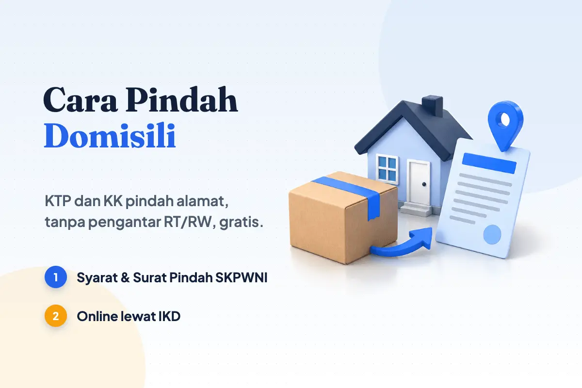 Cara pindah domisili: kardus pindahan berselotip biru, rumah kecil beratap navy, dan surat pindah berpin lokasi