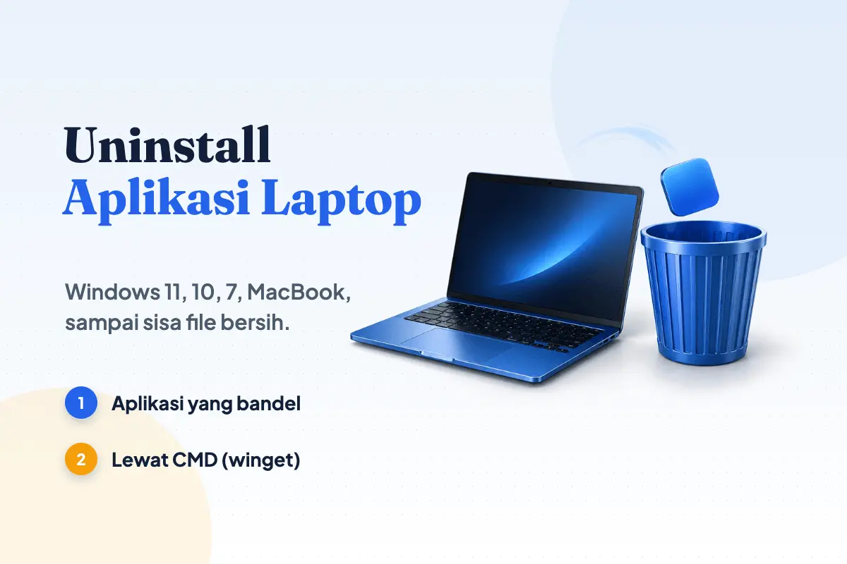 Ikon aplikasi melompat dari layar laptop biru ke tempat sampah di sampingnya, gambaran cara uninstal aplikasi di laptop