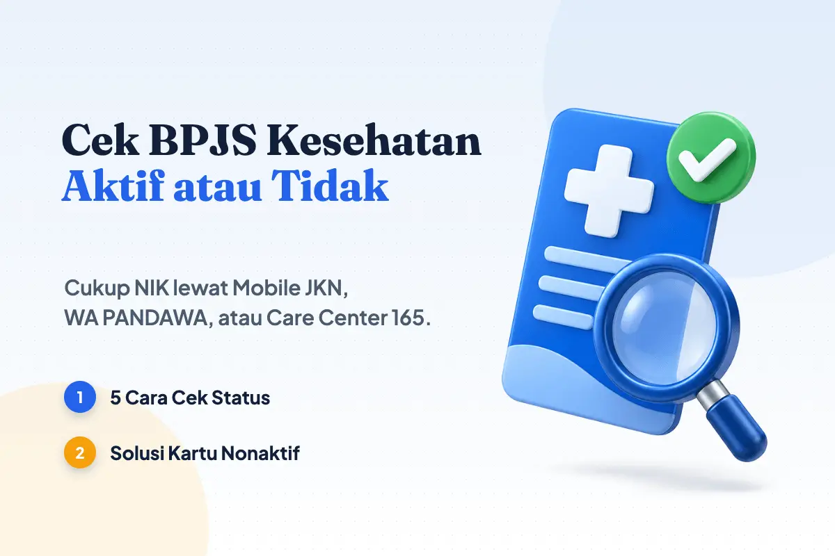 Kartu kesehatan biru bertanda plus, kaca pembesar, dan lencana centang hijau: ilustrasi cek BPJS Kesehatan aktif atau tidak