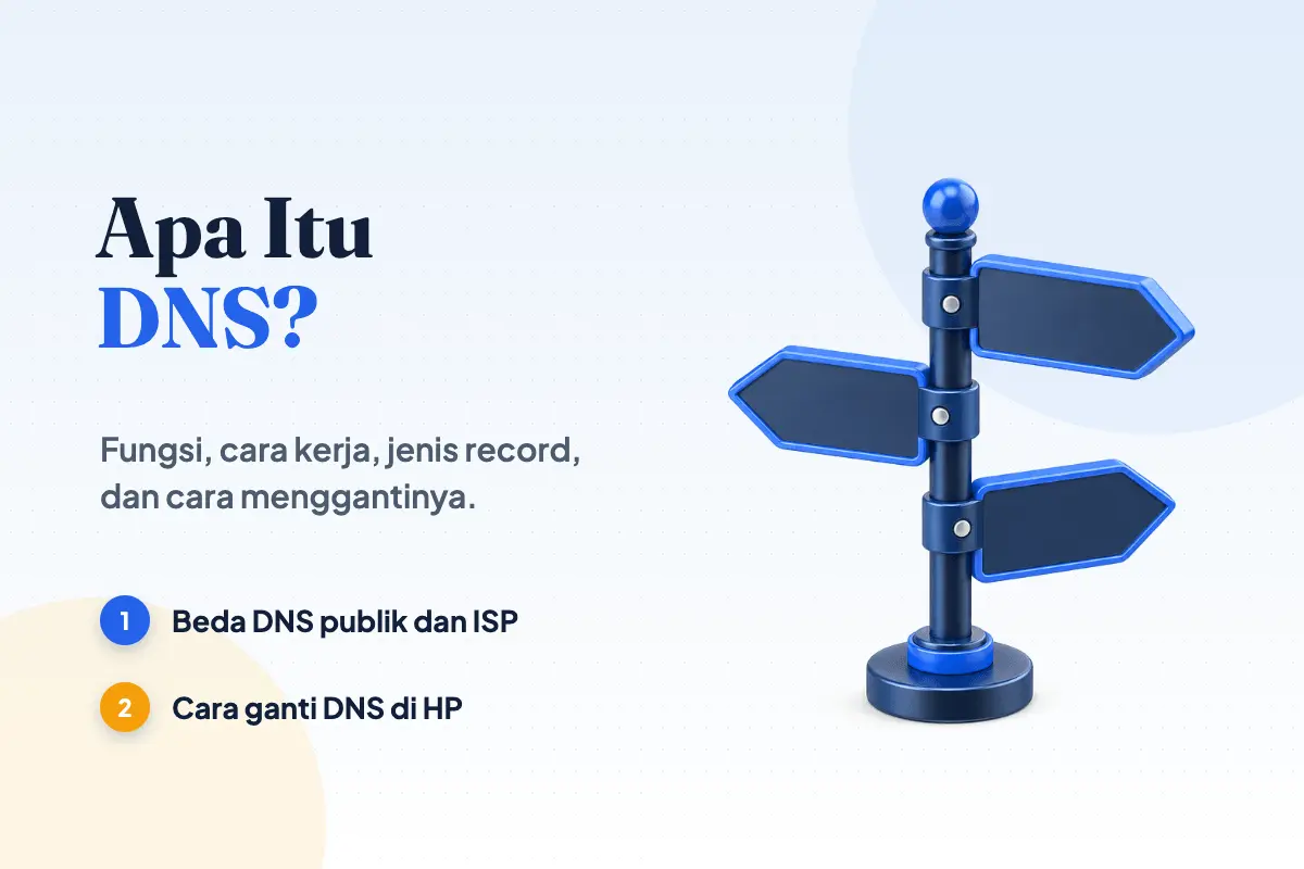 Papan penunjuk arah tiga bilah berwarna biru navy mengilap sebagai gambaran DNS yang mengarahkan nama ke alamat