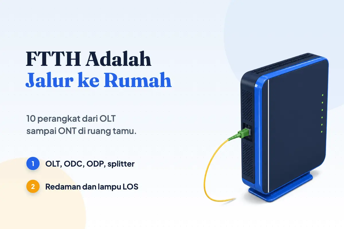 Modem ONT biru navy berlampu indikator hijau dengan kabel serat optik kuning berkonektor hijau di port optiknya