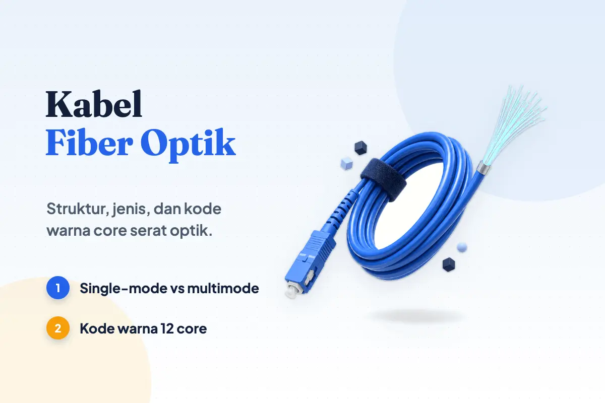 Gulungan kabel serat optik biru berkonektor SC, ujung lainnya terkupas memperlihatkan serat kaca yang menyala