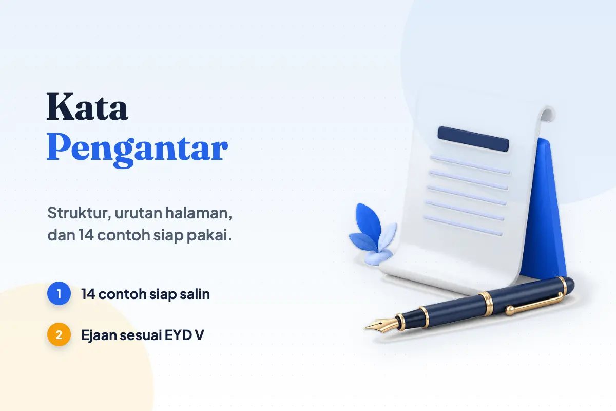 Lembar kata pengantar berdiri dengan judul rata tengah dan pena tinta di depannya, ilustrasi halaman pembuka karya tulis