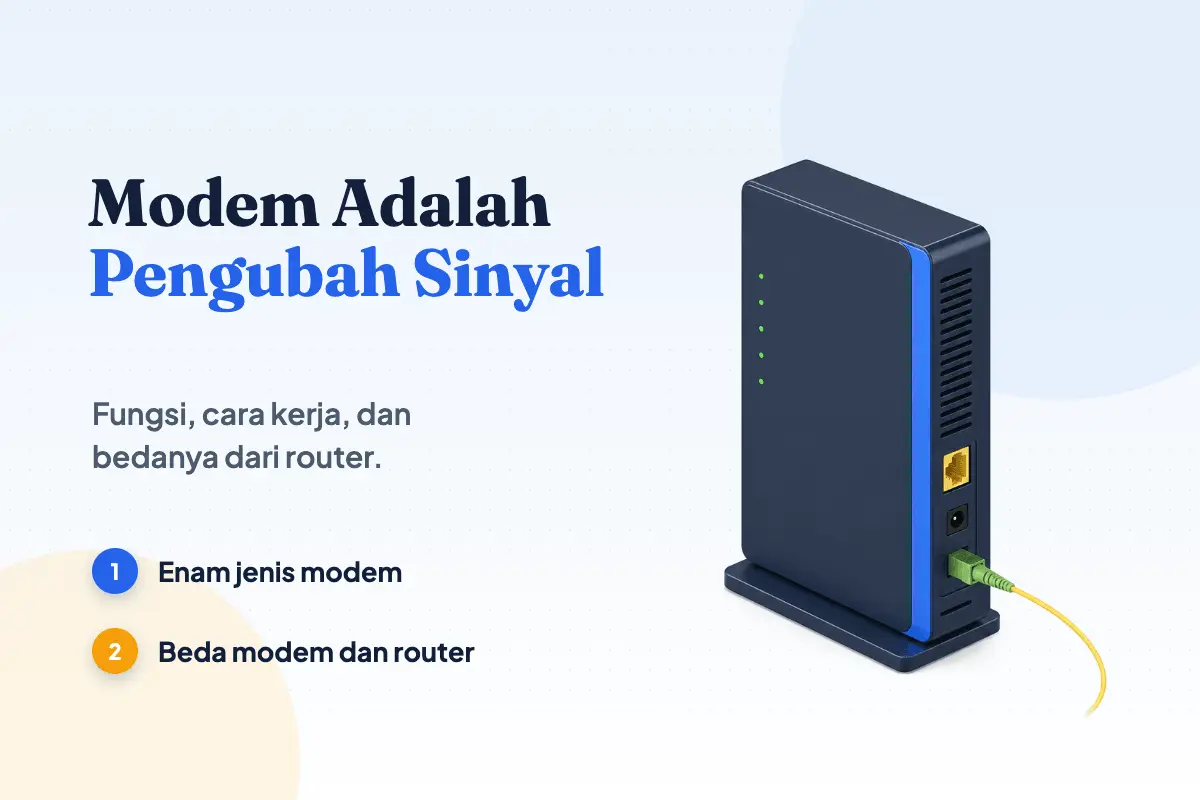 Modem fiber tegak biru navy dengan deret lampu indikator hijau, port LAN kuning, dan patch cord serat berkonektor hijau