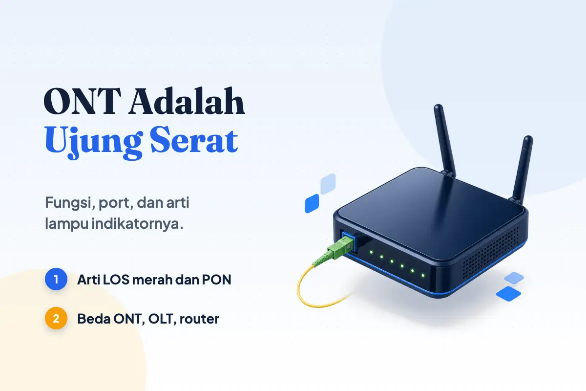 Kotak ONT biru navy berantena dua dengan lampu indikator hijau dan kabel serat kuning berkonektor SC/APC hijau