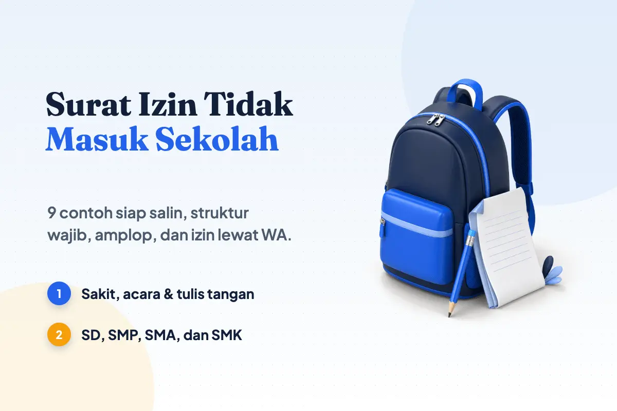 Ilustrasi lembar surat izin dan amplop sekolah dengan pena, sampul panduan menulis surat izin sekolah