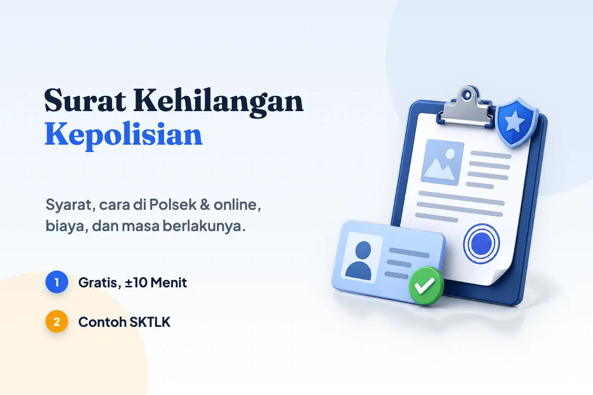 Surat kehilangan kepolisian: lembar laporan bercap biru dengan lencana perisai dan kartu identitas pengganti bercentang hijau