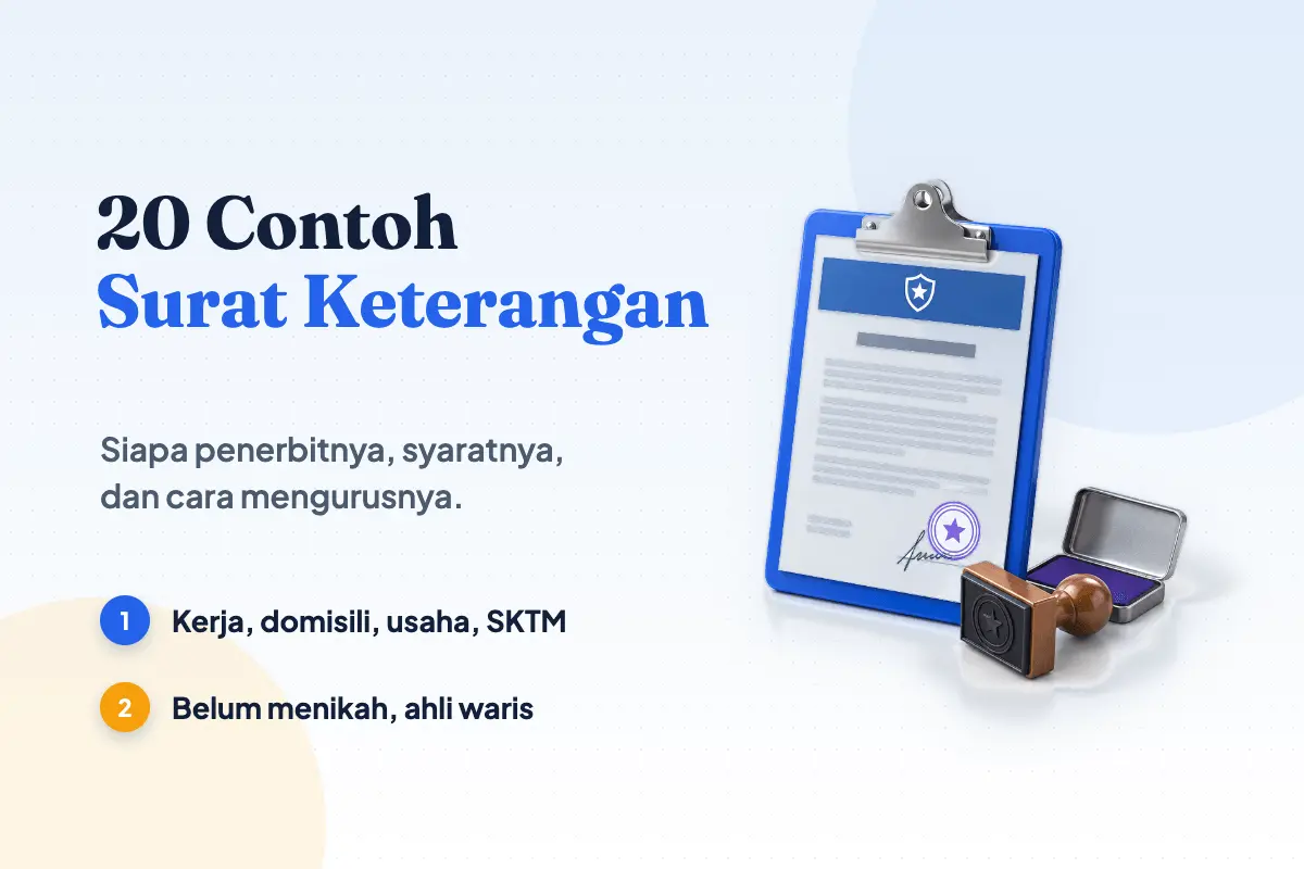 Papan klip biru berisi surat keterangan berkop dengan cap ungu, di samping stempel gagang kayu dan bantalan tinta