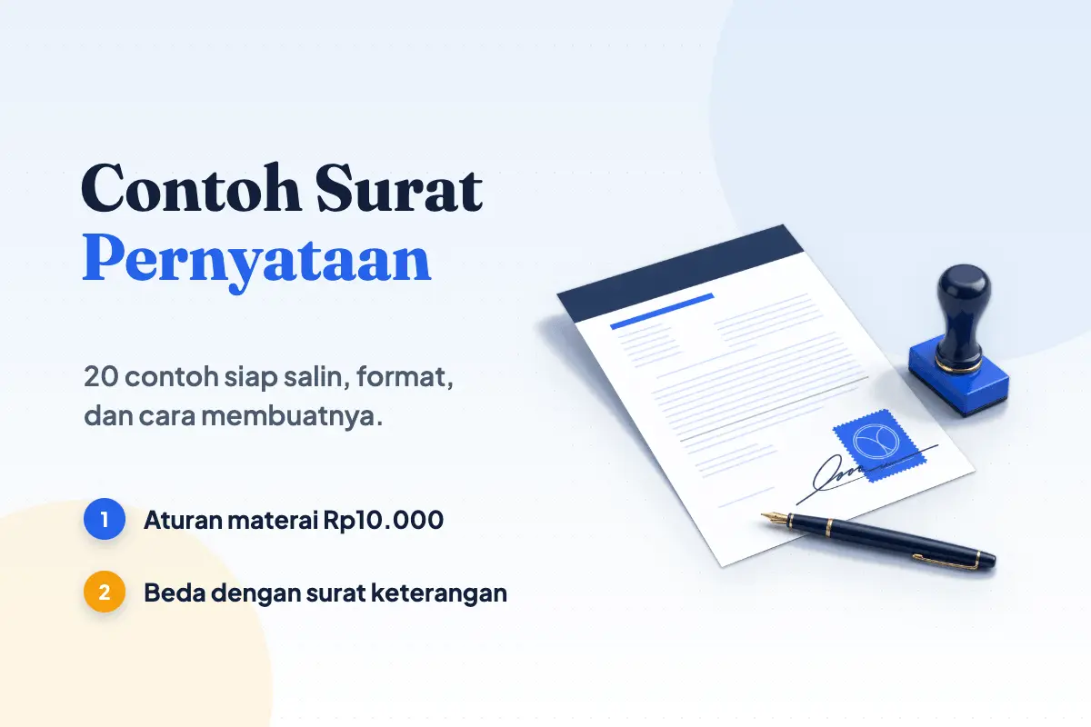Lembar surat pernyataan dengan materai biru bertanda tangan, stempel tangan, dan pena sebagai sampul contoh surat pernyataan