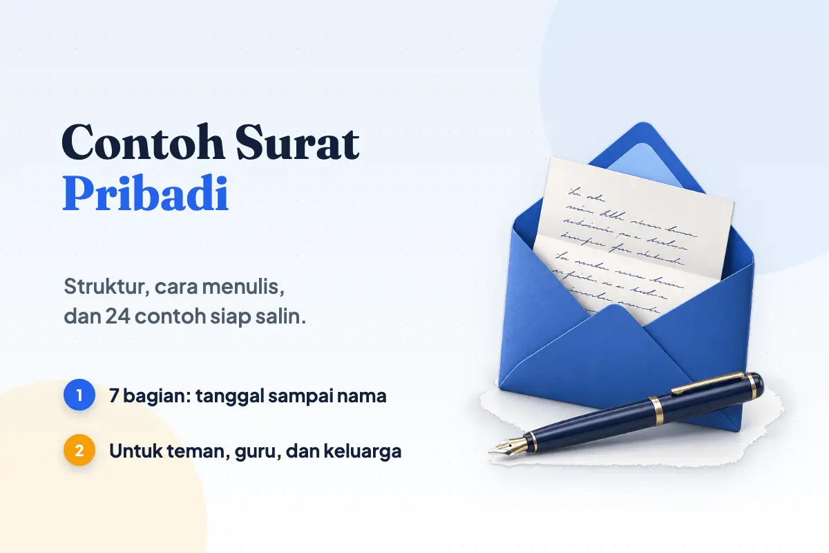 Amplop biru terbuka dengan lembar surat bertulisan tangan menyembul keluar dan pena tinta navy tergeletak di depannya