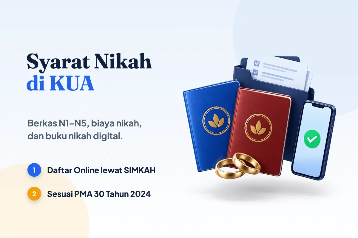 Syarat nikah di KUA: map berkas nikah biru, buku nikah dengan cincin kawin, dan ponsel bercentang pendaftaran SIMKAH