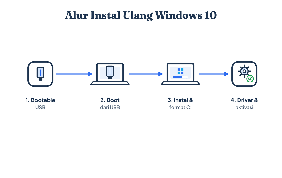 Alur instal ulang Windows 10: buat bootable USB, booting dari flashdisk, jalankan instalasi dan format drive C, lalu pasang driver dan aktivasi