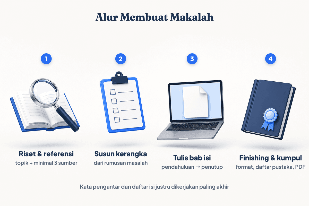 Diagram alur cara membuat makalah dari riset referensi, kerangka, menulis bab, sampai finishing format
