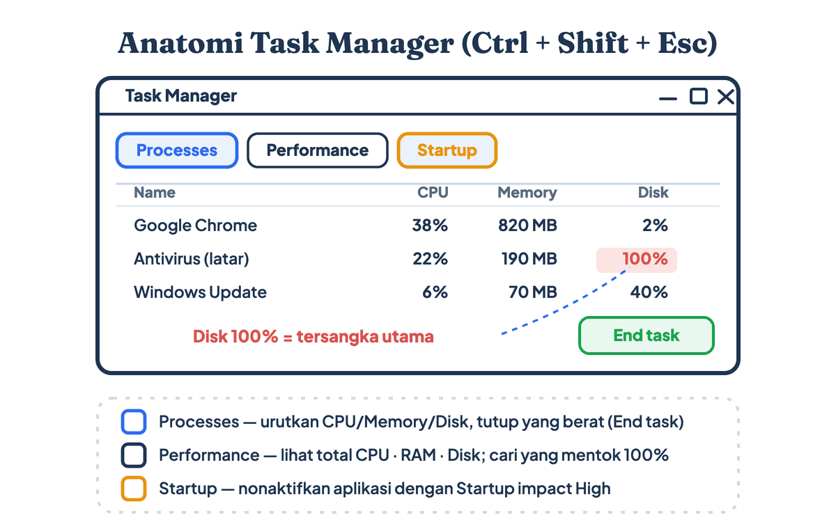 Anatomi jendela Task Manager Windows: tab Processes, Performance, dan Startup, kolom CPU, Memory, Disk, sel Disk 100% sebagai tersangka, serta tombol End task untuk mengatasi laptop lemot