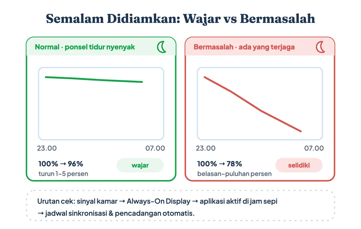 Batas wajar penurunan baterai semalam saat HP tidak dipakai dan pola yang menandakan ada proses terjaga
