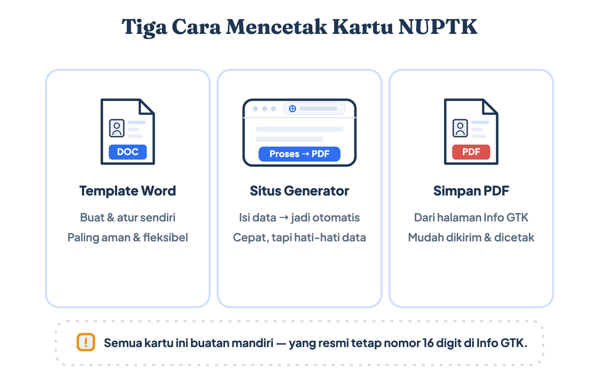 Tiga cara mencetak kartu NUPTK: template Word manual, situs generator online, dan menyimpan biodata Info GTK sebagai PDF
