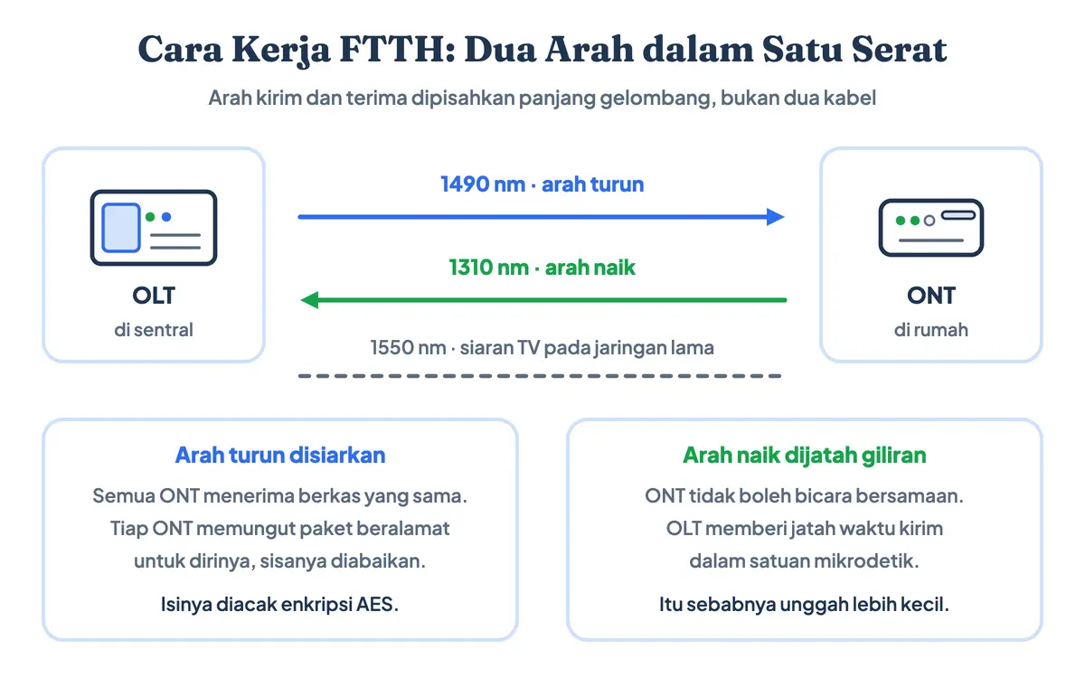 Diagram cara kerja FTTH: satu serat optik membawa cahaya 1490 nm arah turun dari OLT ke ONT dan 1310 nm arah naik dari ONT ke OLT, dipisahkan dengan teknik multiplexing panjang gelombang
