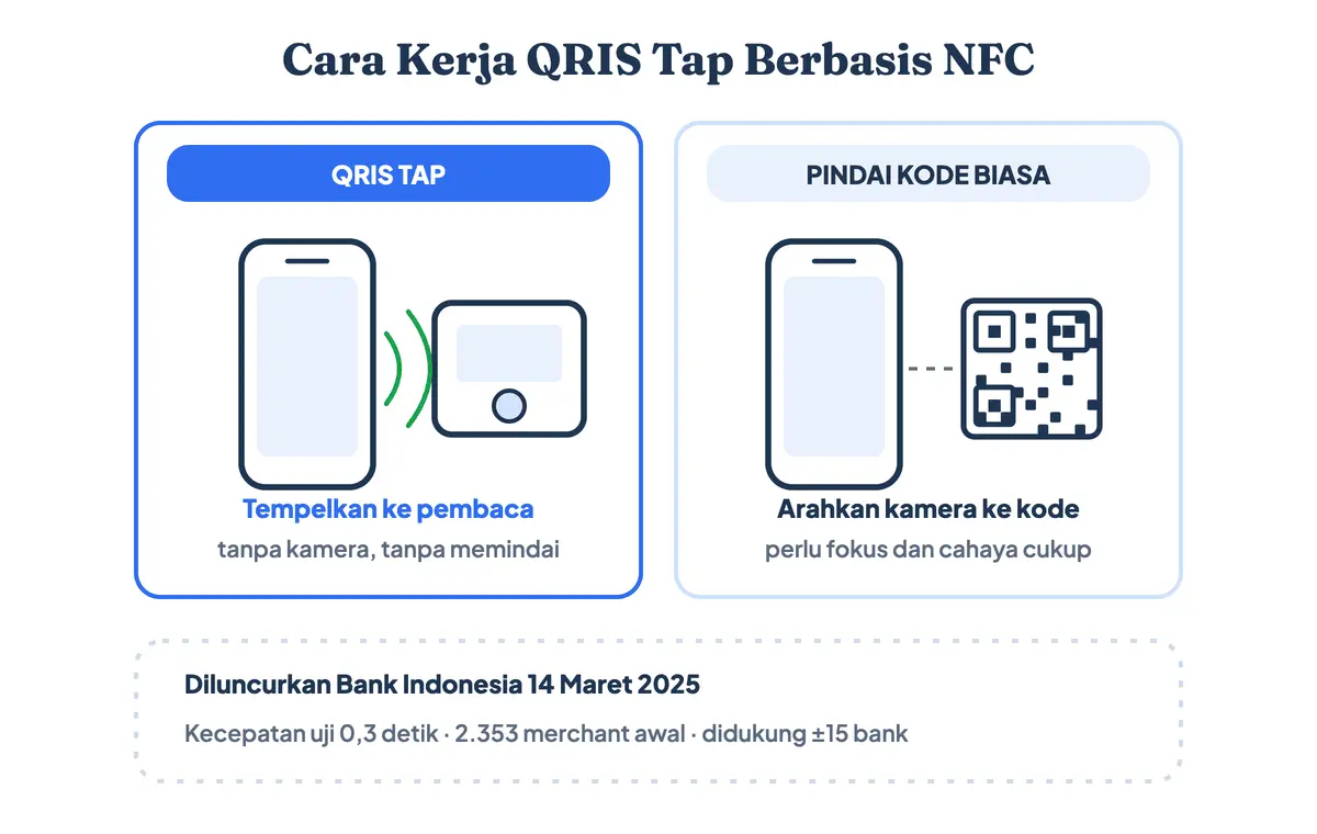 Cara kerja QRIS Tap berbasis NFC dengan menempelkan ponsel ke perangkat pembaca tanpa memindai kode